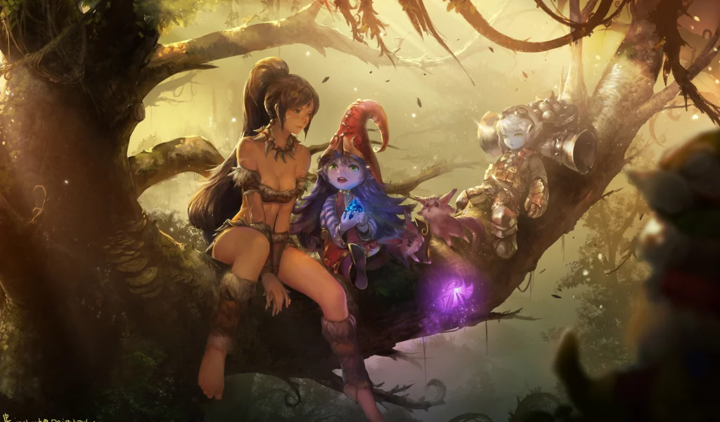 instant-ip, девушка, nidalee, арт, league of legends, дерево, lulu, ветки