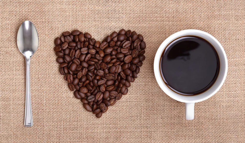 i love coffee, чашка, зерна, сердце, ложка, кофе