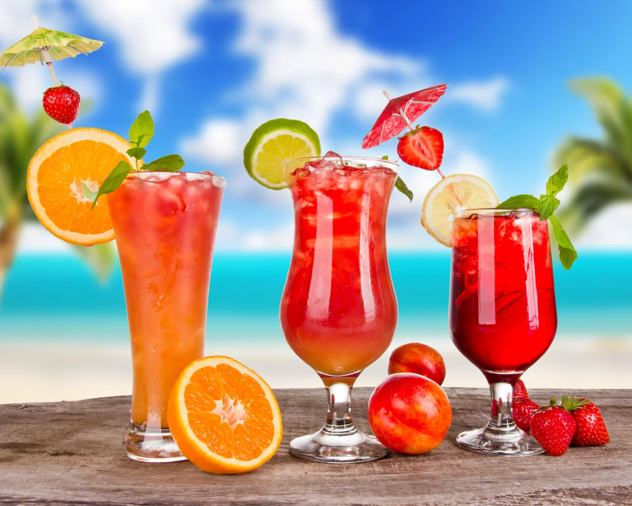 лед, цитрусы, коктейли, фрукты, cocktails, зонтики, бокалы