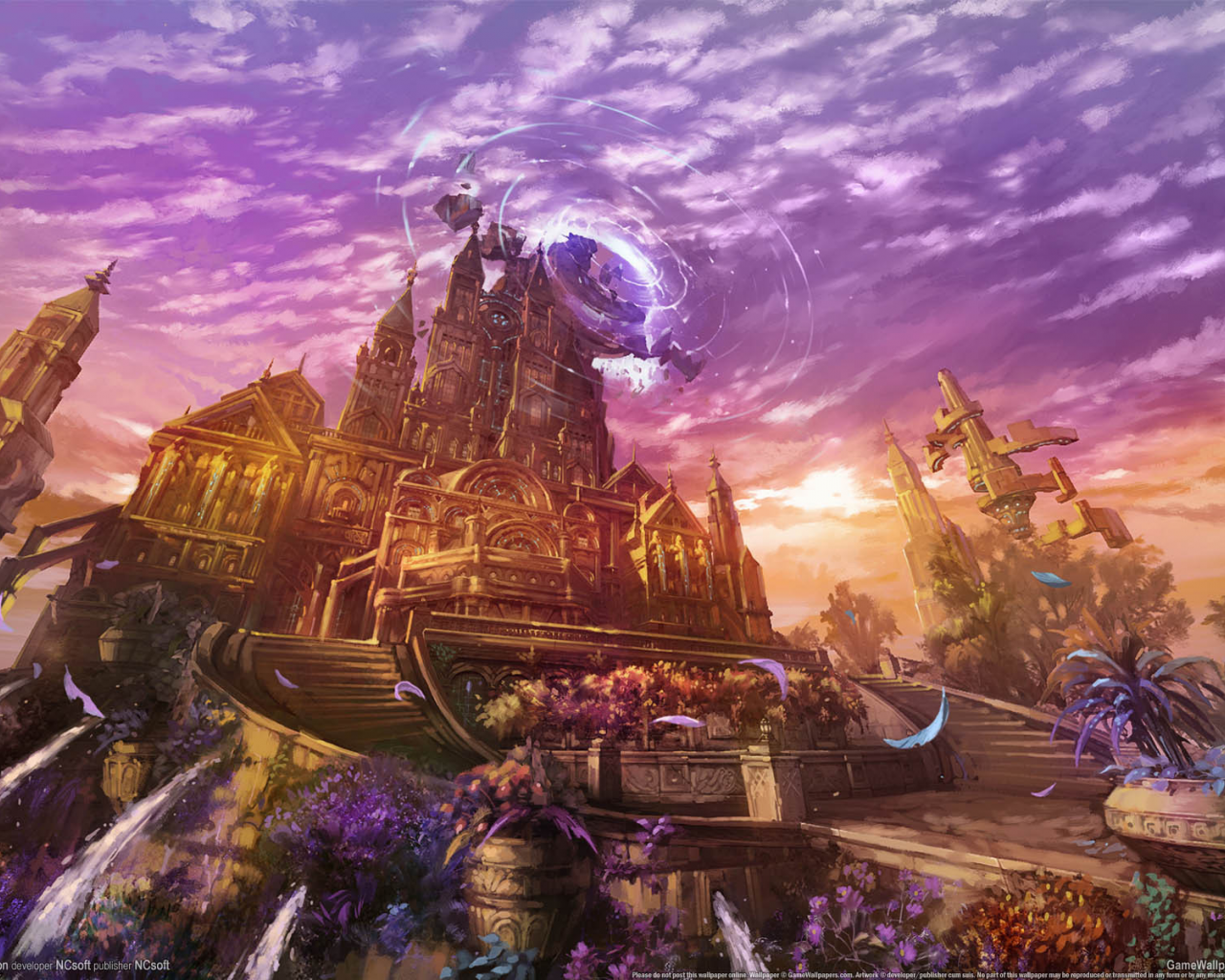 castle, sunset, game wallpapers, fantasy, magic, flowers, city, lineage 2 goddess of destruction