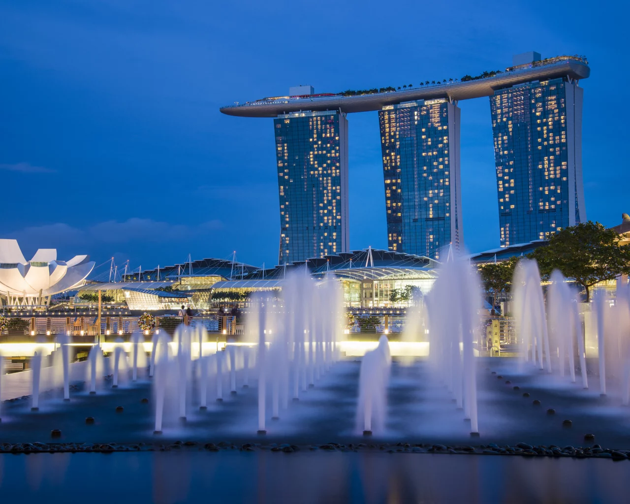 sky, singapore, lights, night, architecture, skyscrapers, blue, gardens by the bay, fountains