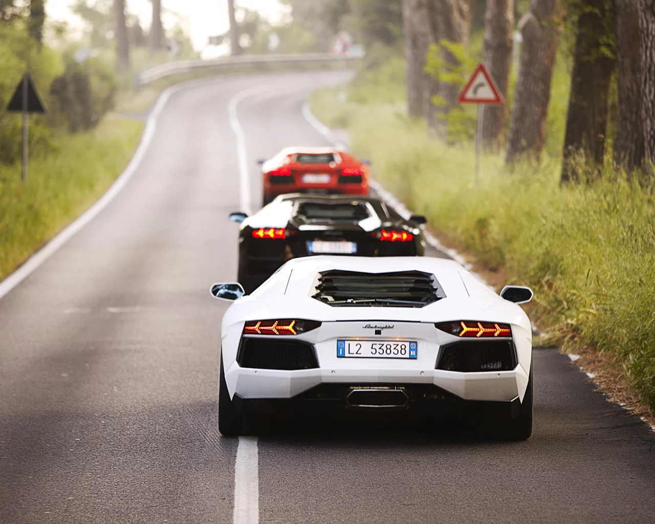 lp700-4, white, three, black, lamborghini aventador, road, mix, trees, red