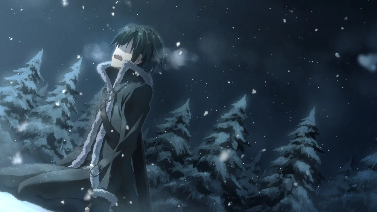 снег, мастера меча онлайн, sao, kirito, sword art online, кирито, лес