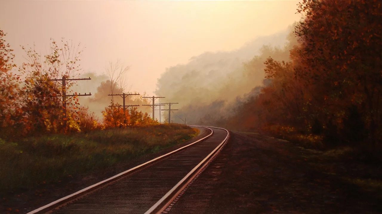 рельсы, brian slawson, пейзаж, картина, осень, арт