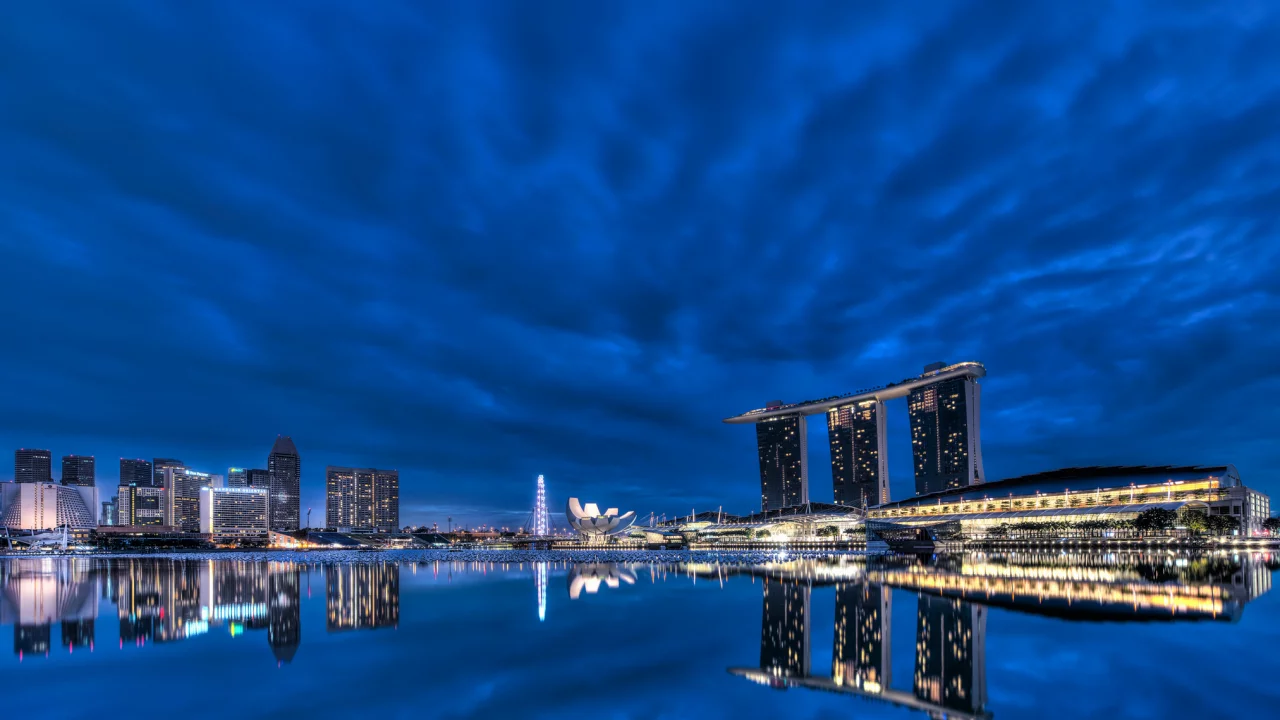 clouds, architecture, bay, lights, singapore, night, skyscrapers, blue sky, gardens by the bay