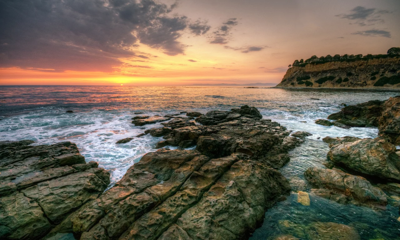 закат, море, природа, rocks, небо, облака, waves, пейзаж