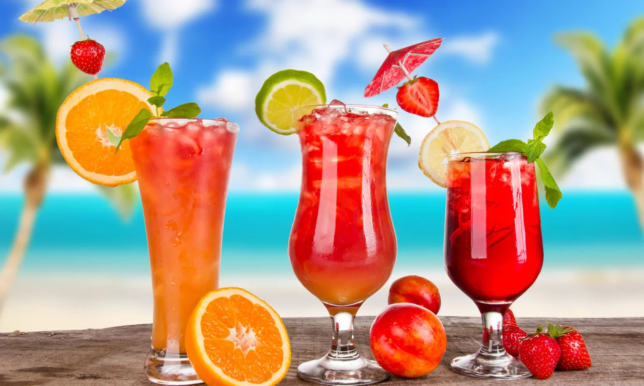 лед, цитрусы, коктейли, фрукты, cocktails, зонтики, бокалы