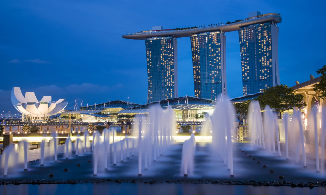 sky, singapore, lights, night, architecture, skyscrapers, blue, gardens by the bay, fountains