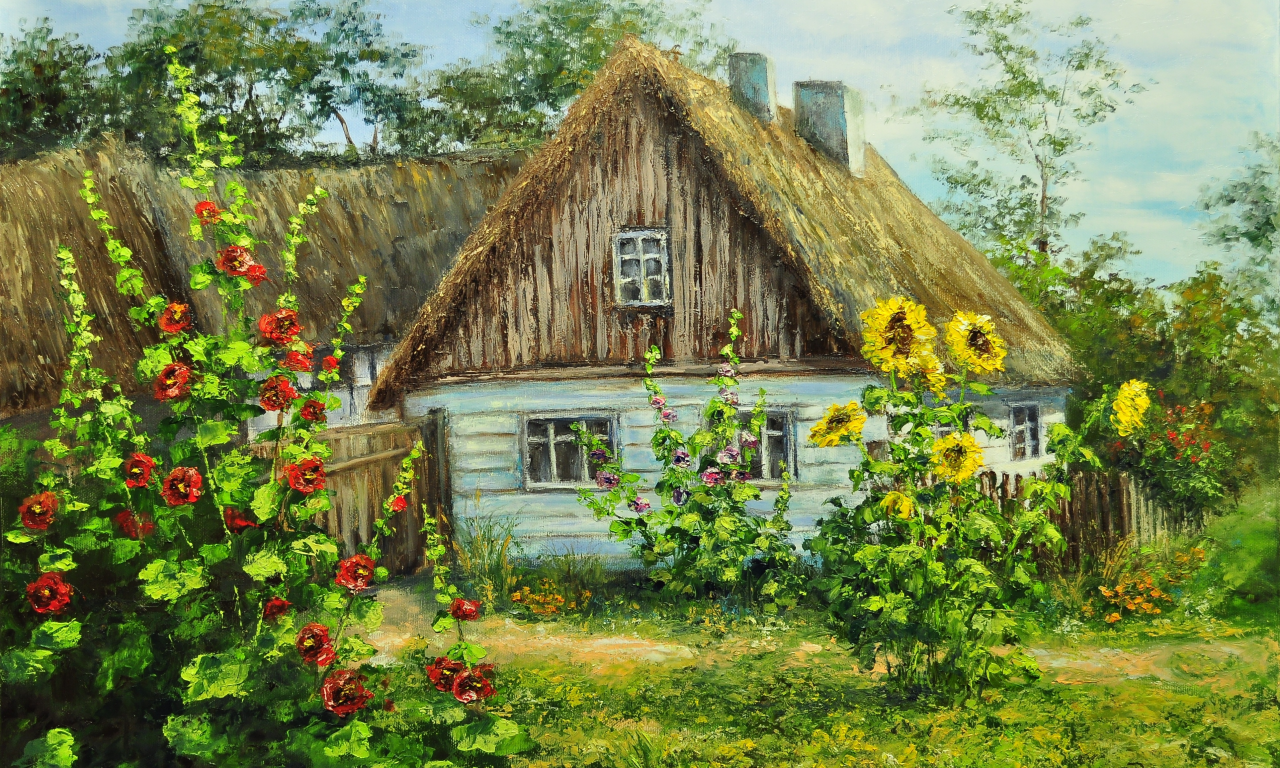 лето, зелень, дом, деревня, село, цветы