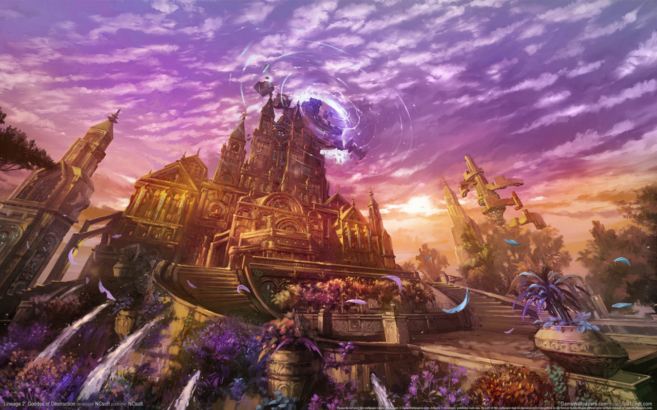 castle, sunset, game wallpapers, fantasy, magic, flowers, city, lineage 2 goddess of destruction
