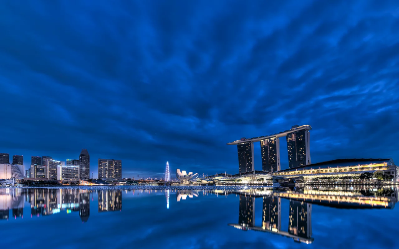 clouds, architecture, bay, lights, singapore, night, skyscrapers, blue sky, gardens by the bay