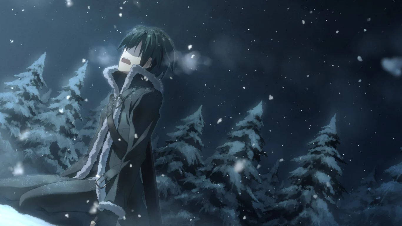 снег, мастера меча онлайн, sao, kirito, sword art online, кирито, лес