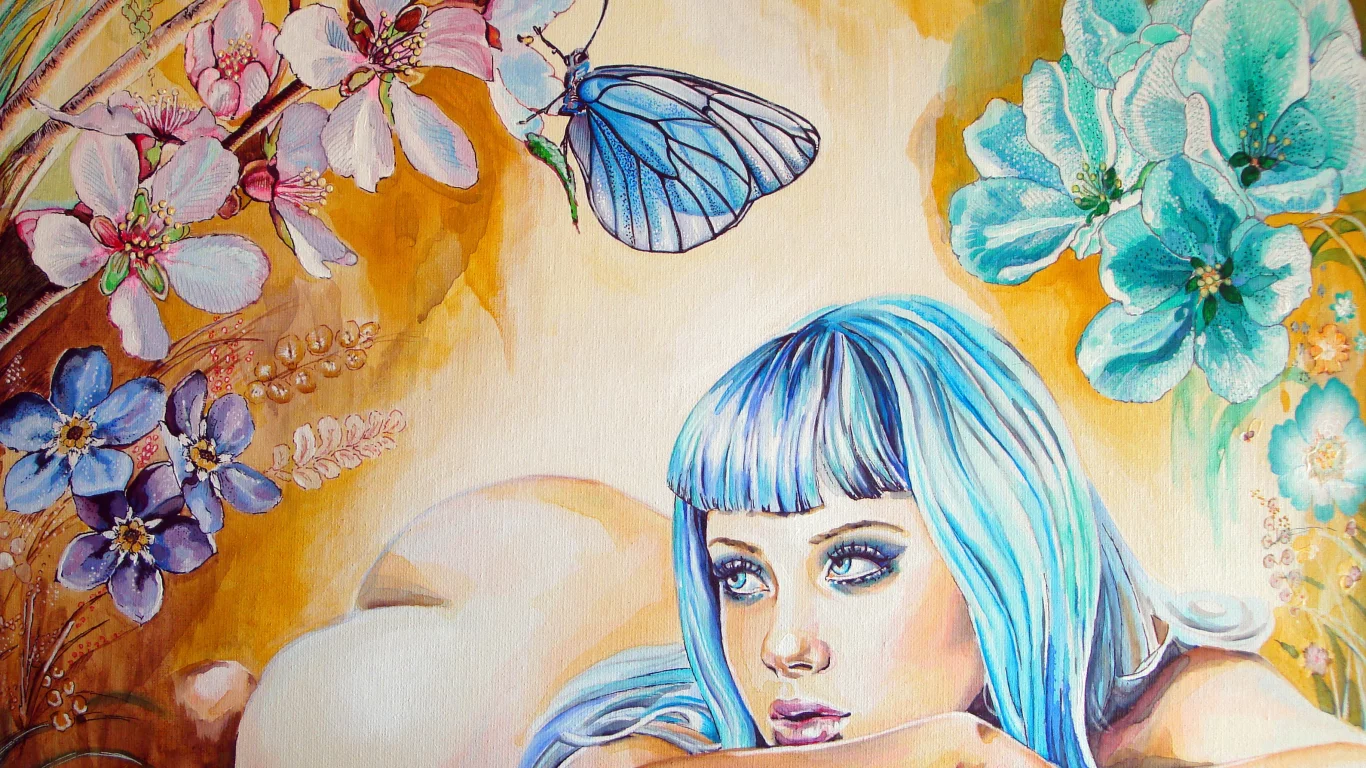 лежит, девушка, синие волосы, живопись, christina papagianni