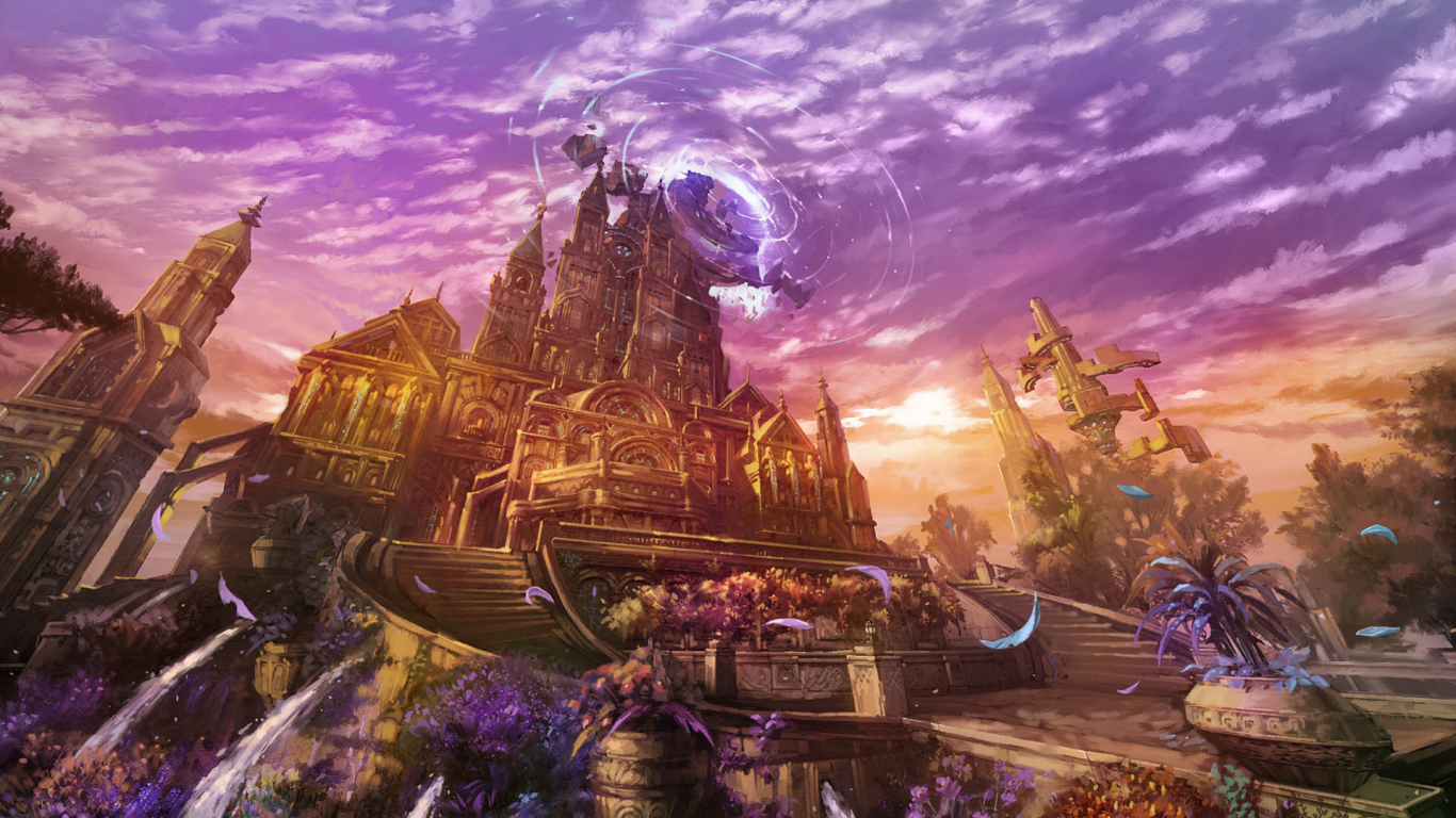 castle, sunset, game wallpapers, fantasy, magic, flowers, city, lineage 2 goddess of destruction