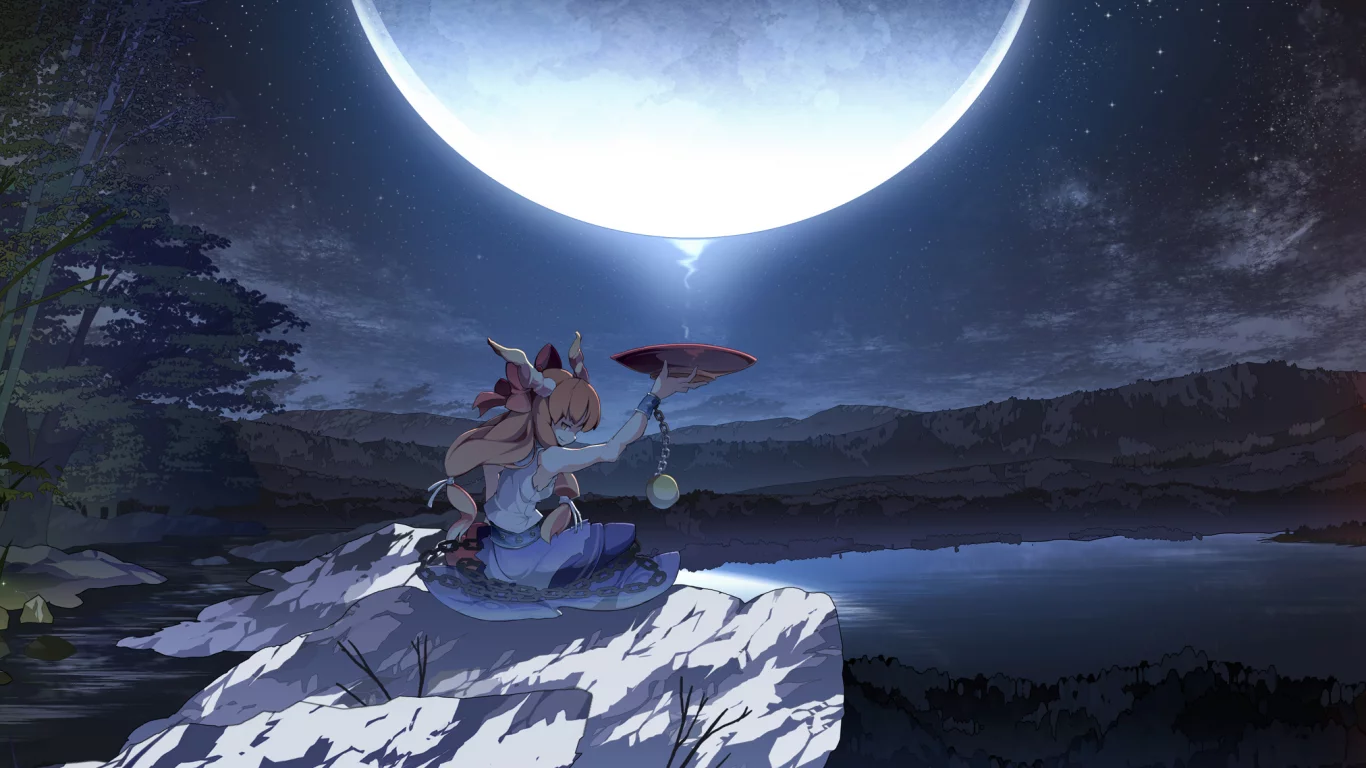 арт, asakura masatoki, ночь, девушка, touhou, чаша, луна, ibuki suika