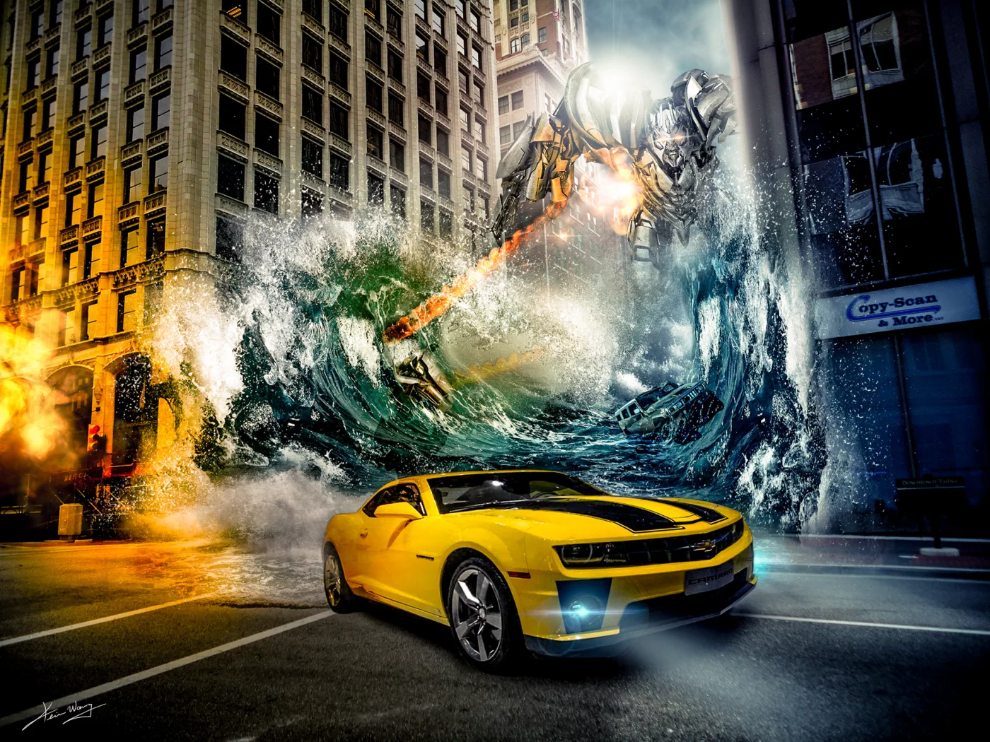 chevrolet, transformers, машина, camaro, город, робот, вода