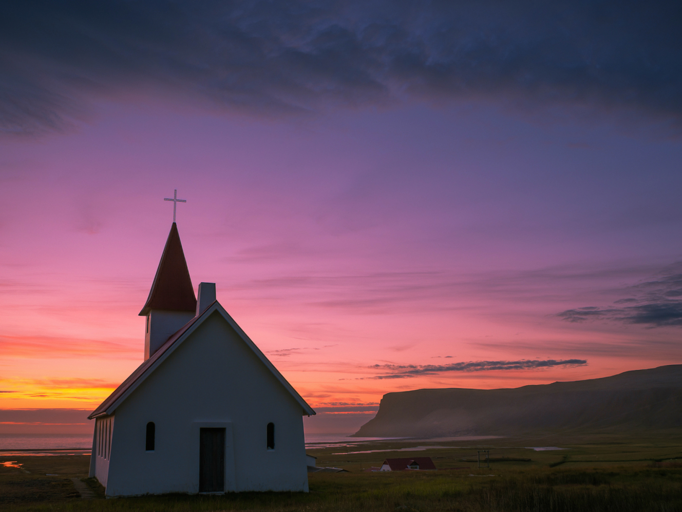 исландия, закат, вдали, вечер, холм, море, церквушка
