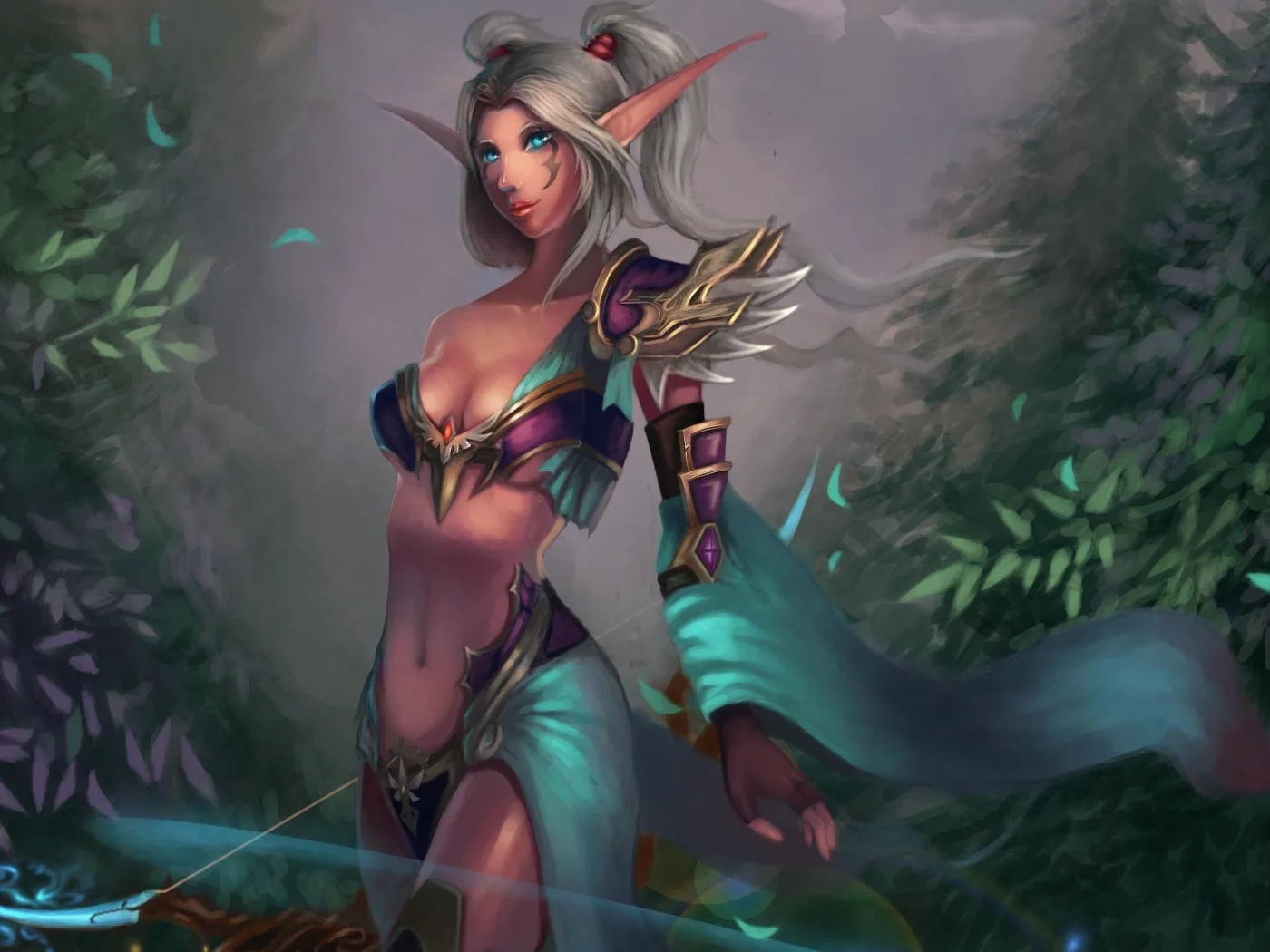 девушка, night elf, лук, арт, world of warcraft, cheng guang, wow, уши, hunter
