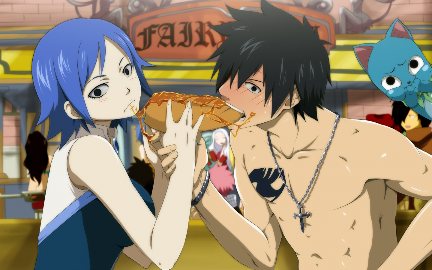 natsu dragneel, mirajane, happy, annria2002, juvia loxar, gray fullbuster, арт, fairy tail