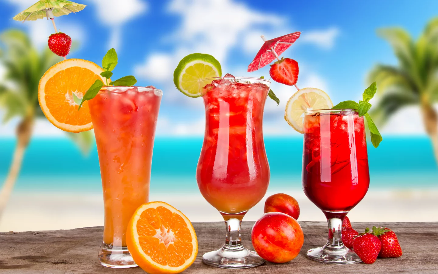 лед, цитрусы, коктейли, фрукты, cocktails, зонтики, бокалы