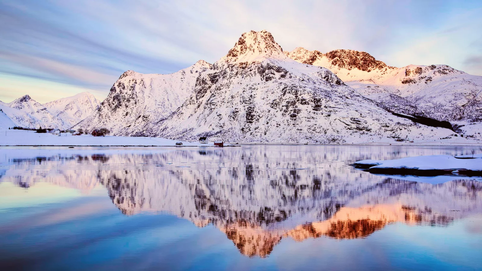 снег, норвегия, небо, flakstad__ya fjord, горы, зима, отражения