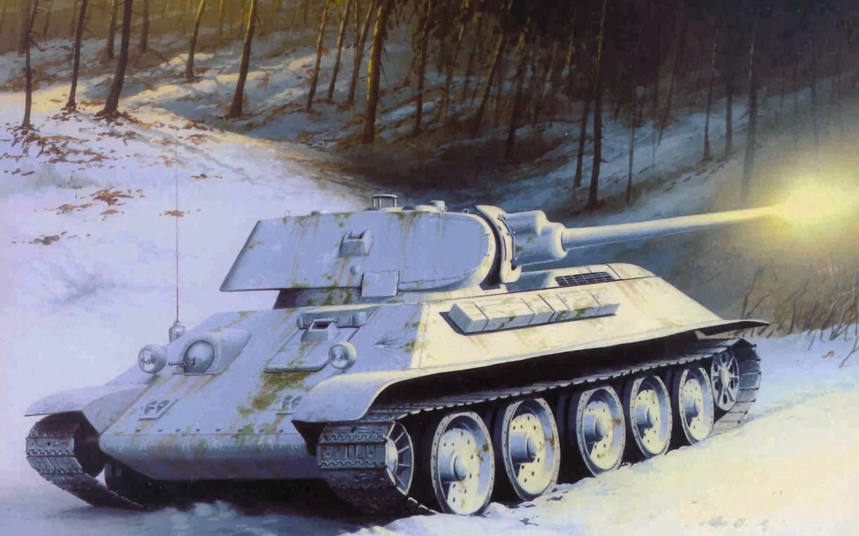 арт, зима, танк, деревья, советский, снег, средний, t-34-76