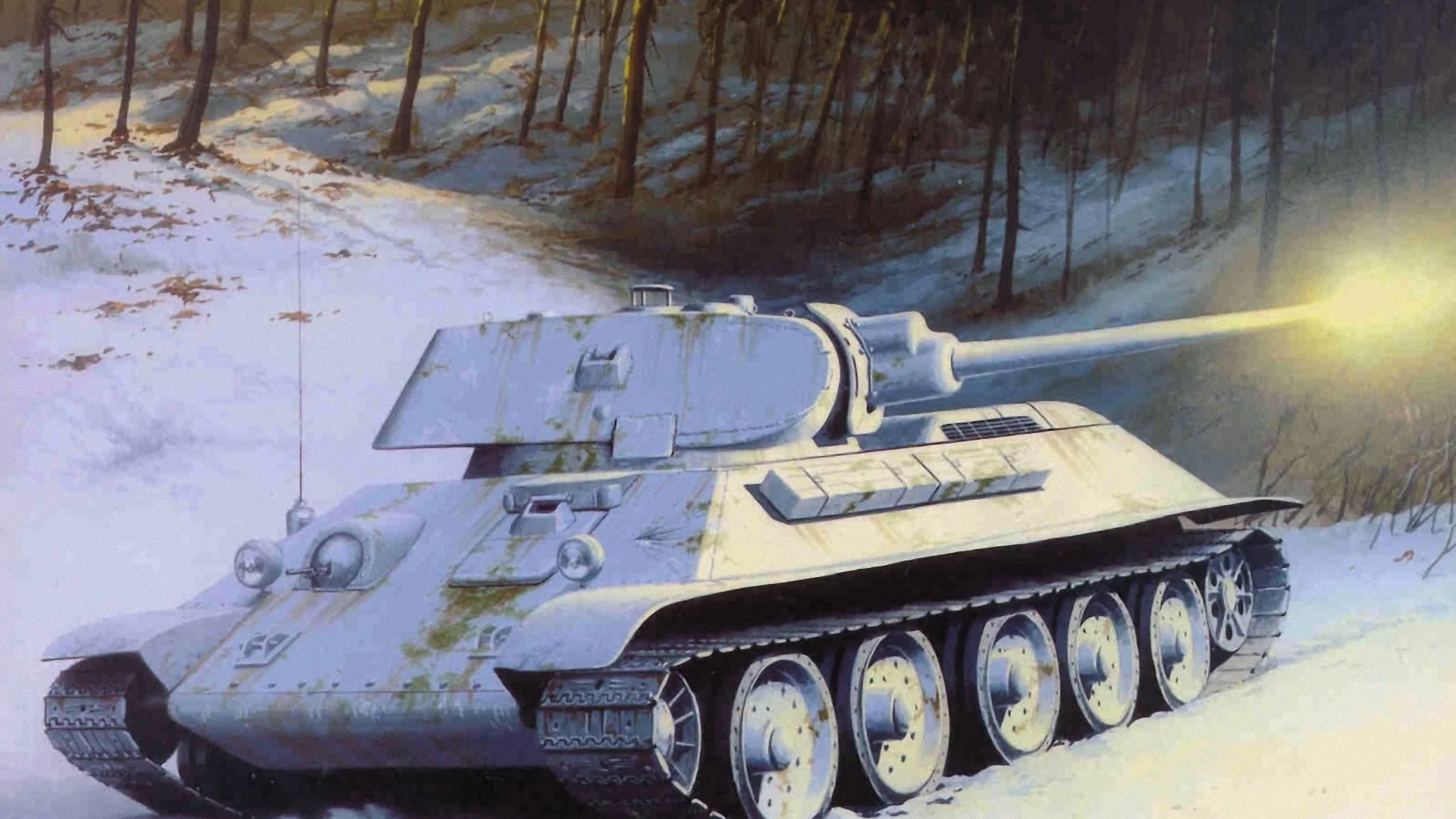 арт, зима, танк, деревья, советский, снег, средний, t-34-76