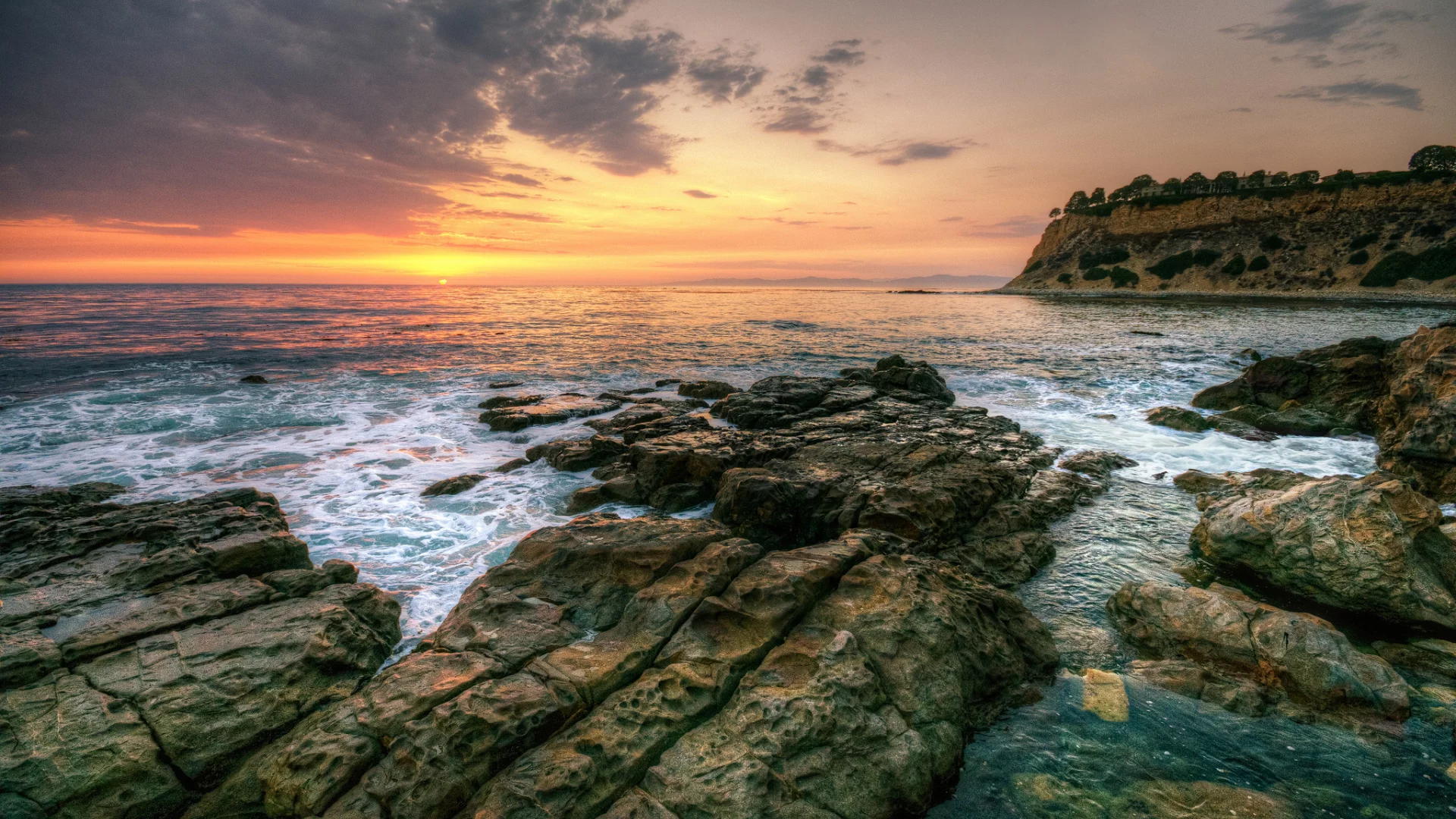 закат, море, природа, rocks, небо, облака, waves, пейзаж