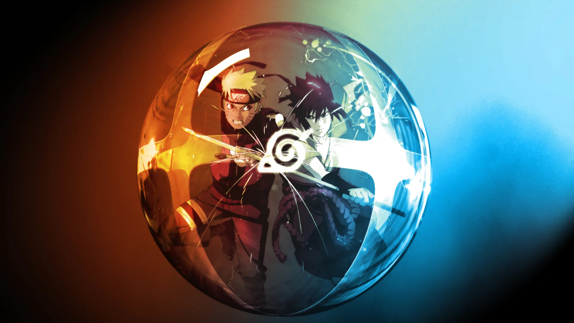 naruto, шар, uchiha sasuke, катана, знак конохи, uzumaki naruto