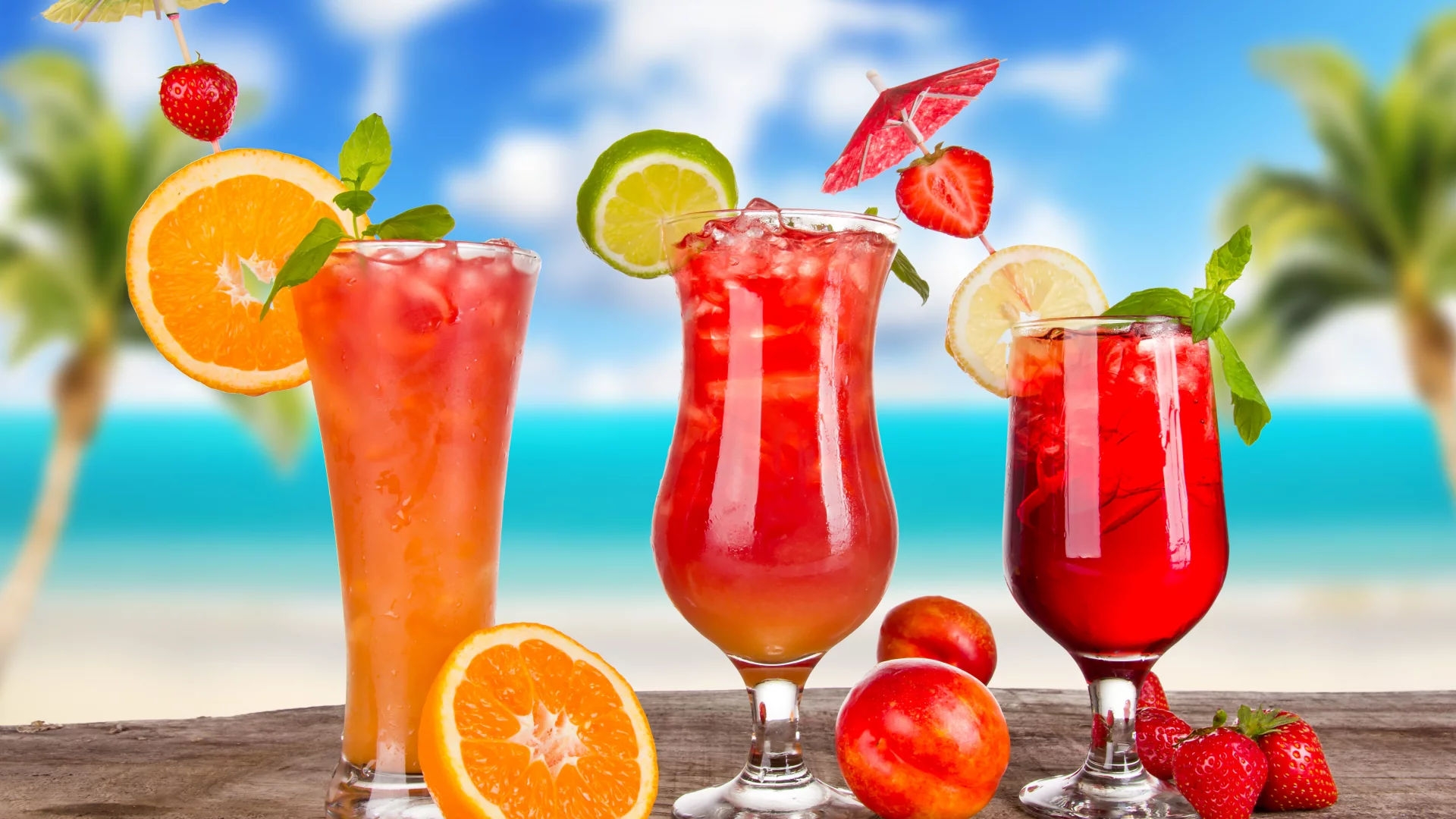 лед, цитрусы, коктейли, фрукты, cocktails, зонтики, бокалы