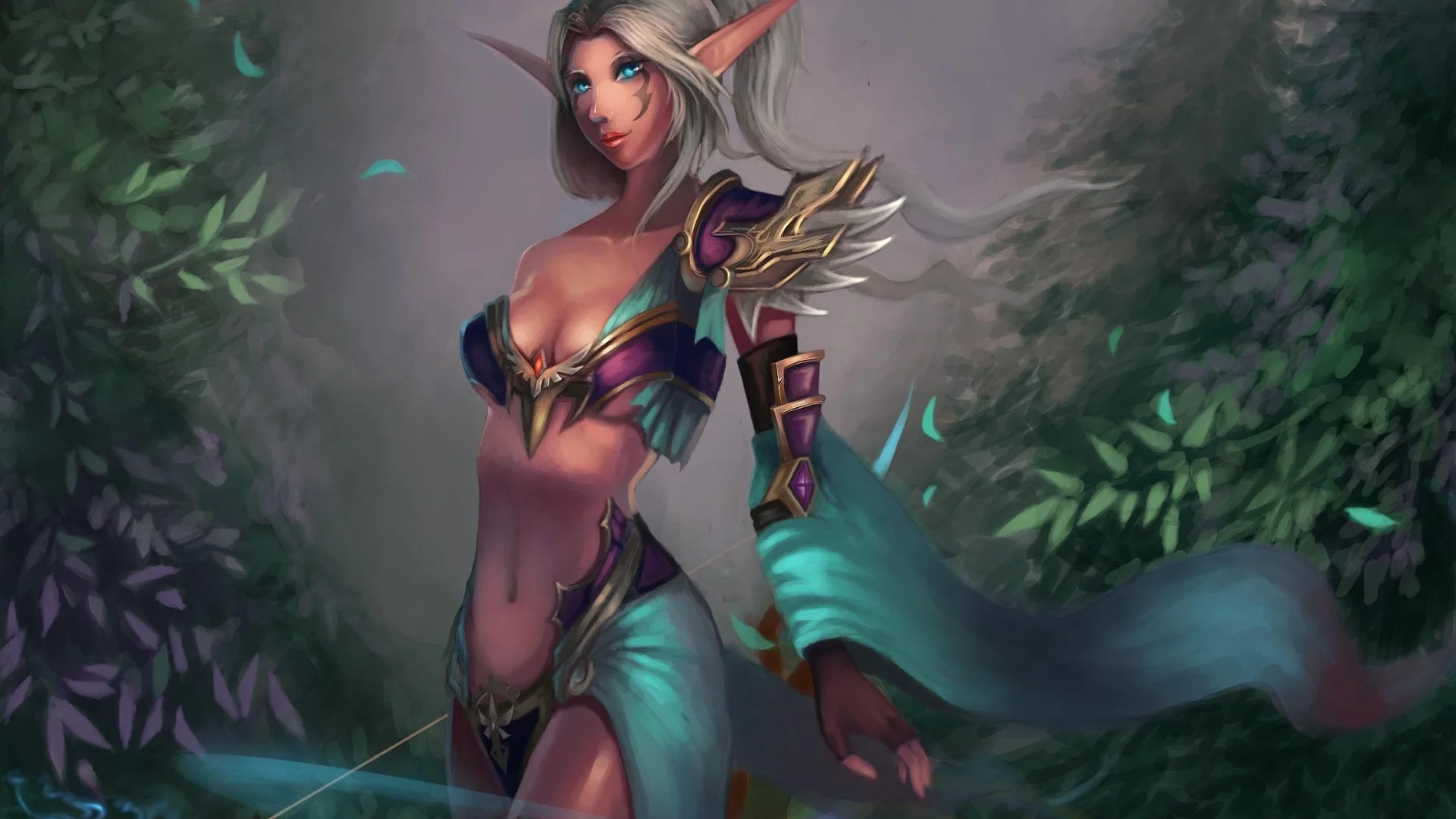 девушка, night elf, лук, арт, world of warcraft, cheng guang, wow, уши, hunter