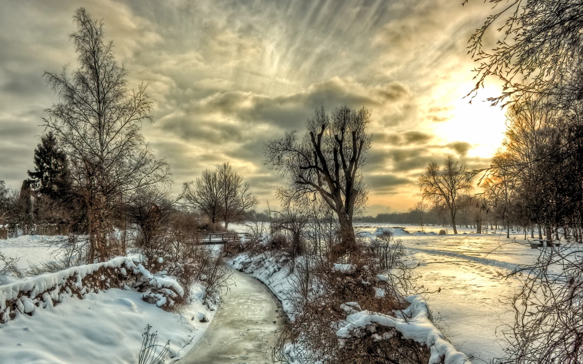 пейзаж, зима, снег, природа, деревья, небо, река, облака