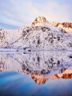 снег, норвегия, небо, flakstad__ya fjord, горы, зима, отражения