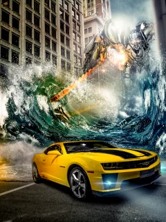 chevrolet, transformers, машина, camaro, город, робот, вода