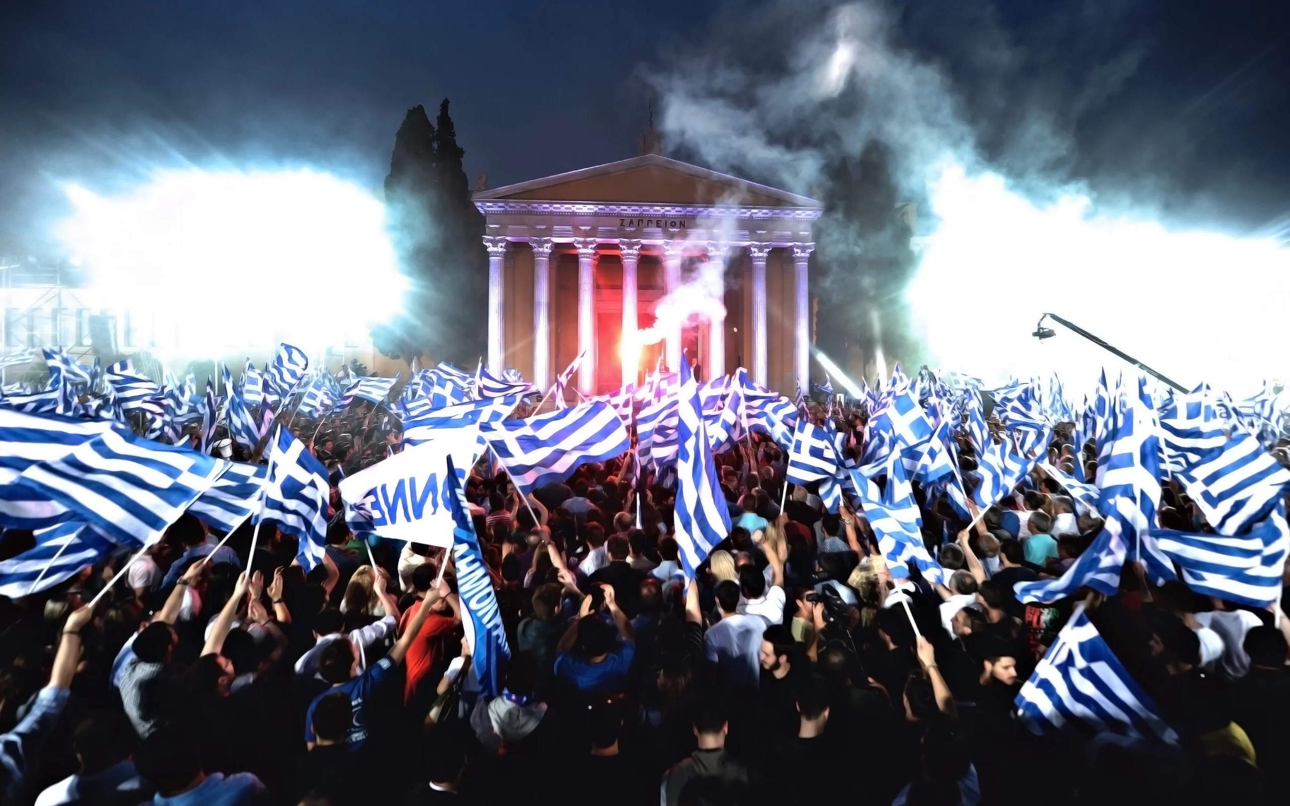 много, флаги, митинг, ночь, люди, греция