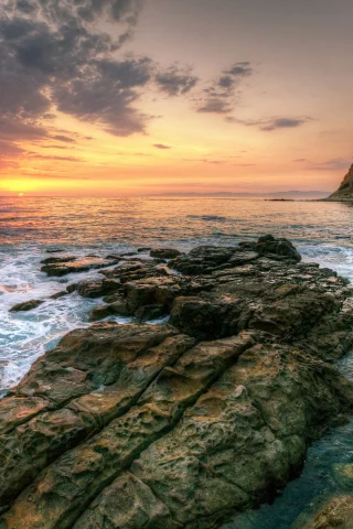 закат, море, природа, rocks, небо, облака, waves, пейзаж