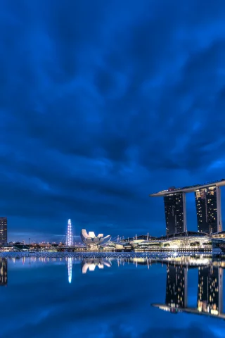clouds, architecture, bay, lights, singapore, night, skyscrapers, blue sky, gardens by the bay