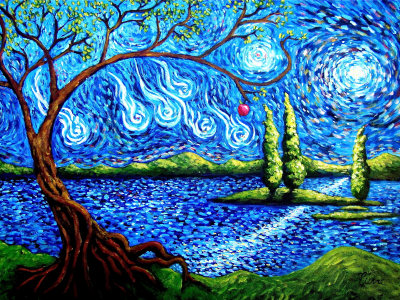 дерево, арт, остров, абстракция, небо, яблоко, озеро