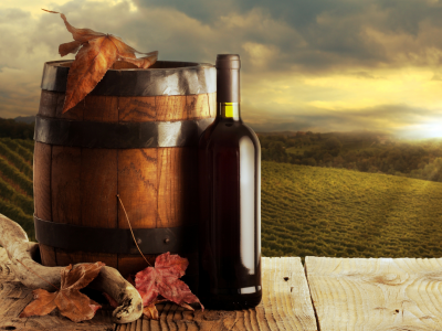 листья, бочка, бутылка, вино, красное, осень, фон