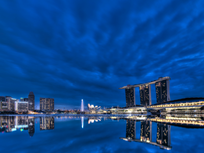 clouds, architecture, bay, lights, singapore, night, skyscrapers, blue sky, gardens by the bay