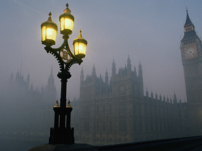 туман, Англия, фонарь, биг бен