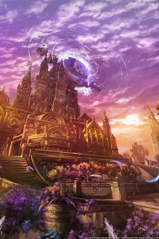 castle, sunset, game wallpapers, fantasy, magic, flowers, city, lineage 2 goddess of destruction