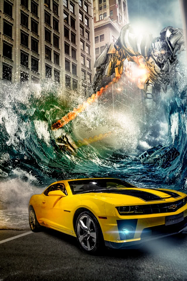 chevrolet, transformers, машина, camaro, город, робот, вода
