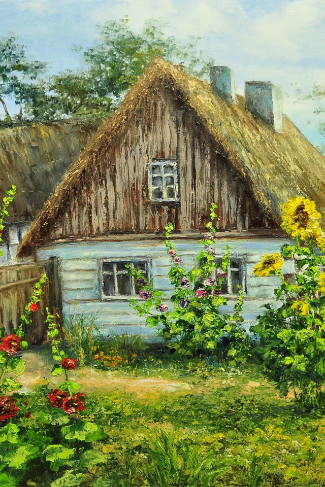 лето, зелень, дом, деревня, село, цветы