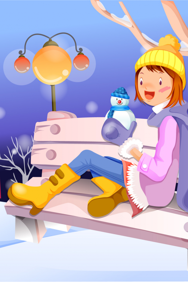 скамейка, снеговик, графика, девушка, зима, дом, дерево