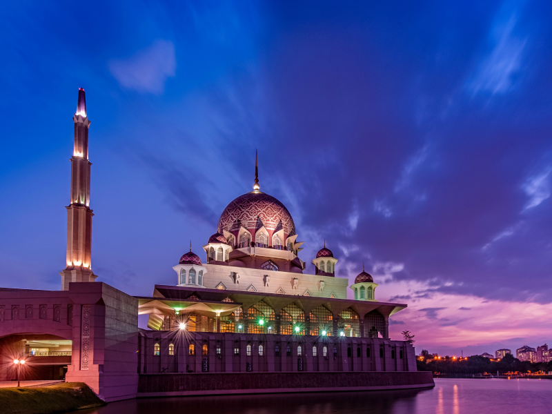 purple, mosque, малайзия, lights, evening, malaysia, clouds, strait, sunset, sky, putrajaya