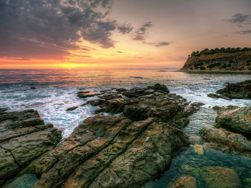 закат, море, природа, rocks, небо, облака, waves, пейзаж