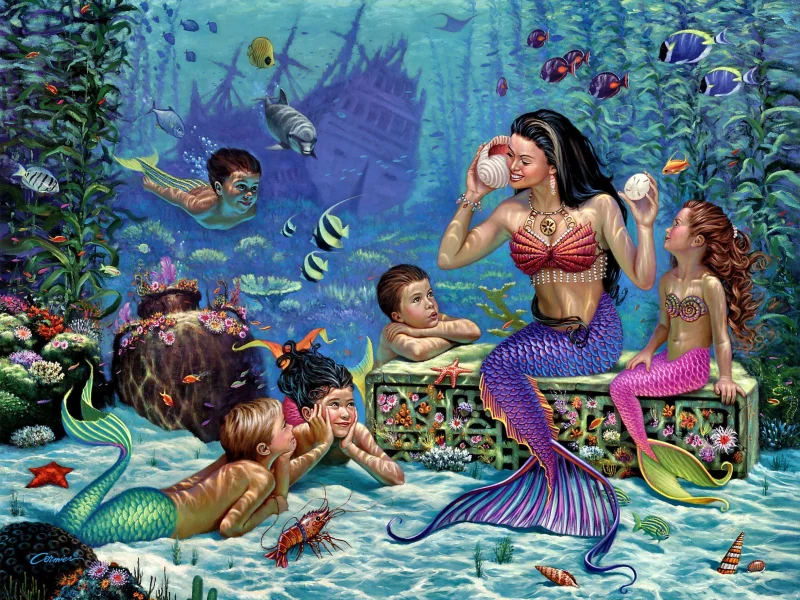 русалки, дети, фрегат, wil cormier, морское дно, рыбы