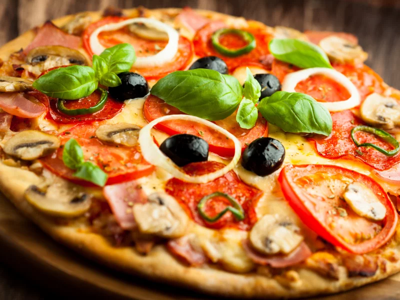 ветчина, грибы, pizza, маслины, блюдо, пицца, помидоры, сыр