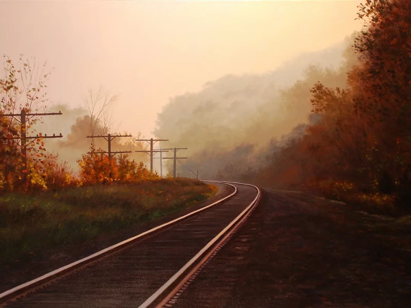 рельсы, brian slawson, пейзаж, картина, осень, арт